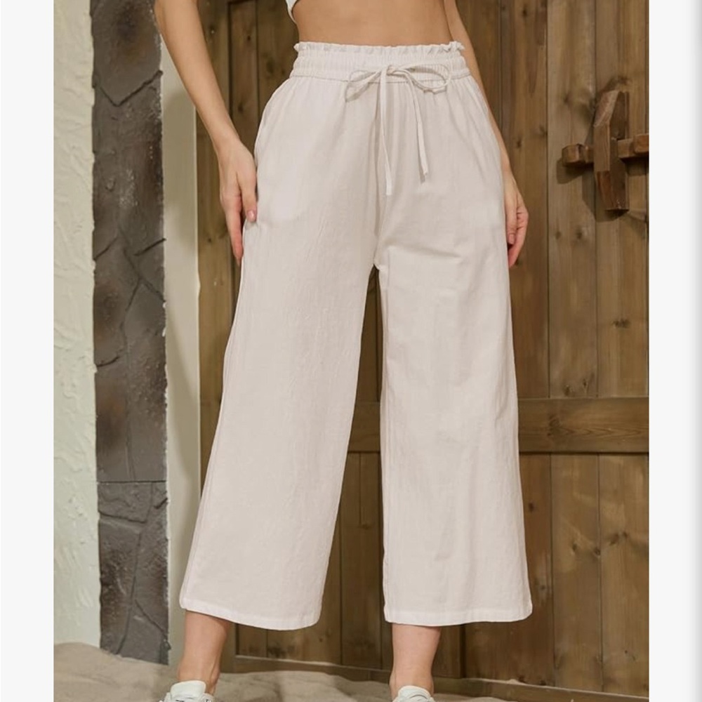 Linen-blend Women's Cream Wide-Leg Drawstring Pants